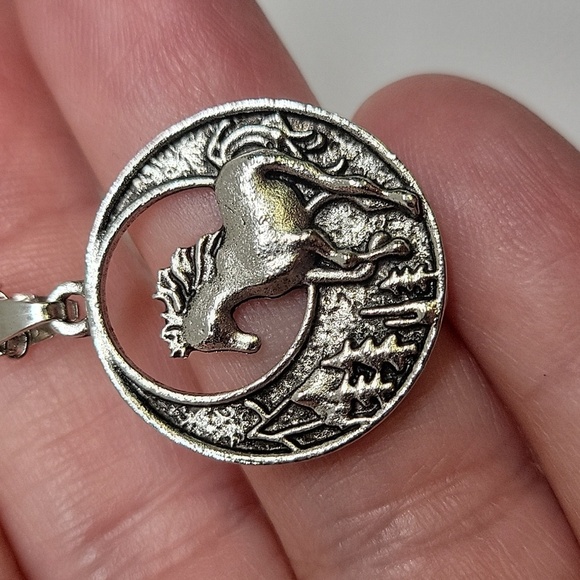 Horse in Moon 18" + 2" Silver Tone Necklace - Picture 2 of 2